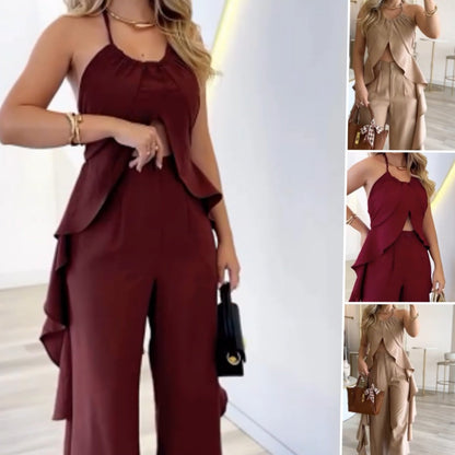 🦋Conjunto feminino com top sem costas e calça pantalona folgada🦋 | Bolsos diagonais | Tecido fluido | Sem estática (Ideal para corpos com formato de pera/maçã)