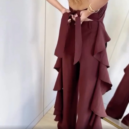 🦋Conjunto feminino com top sem costas e calça pantalona folgada🦋 | Bolsos diagonais | Tecido fluido | Sem estática (Ideal para corpos com formato de pera/maçã)