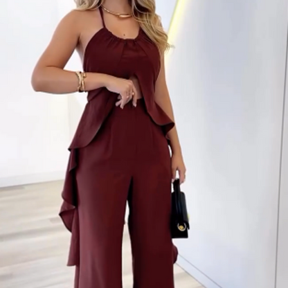 🦋Conjunto feminino com top sem costas e calça pantalona folgada🦋 | Bolsos diagonais | Tecido fluido | Sem estática (Ideal para corpos com formato de pera/maçã)