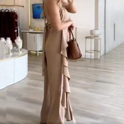 🦋Conjunto feminino com top sem costas e calça pantalona folgada🦋 | Bolsos diagonais | Tecido fluido | Sem estática (Ideal para corpos com formato de pera/maçã)