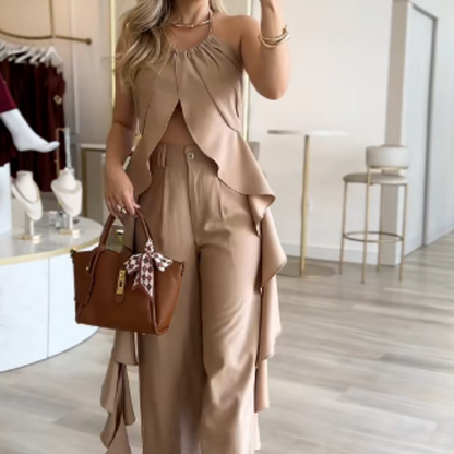 🦋Conjunto feminino com top sem costas e calça pantalona folgada🦋 | Bolsos diagonais | Tecido fluido | Sem estática (Ideal para corpos com formato de pera/maçã)