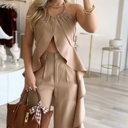 🦋Conjunto feminino com top sem costas e calça pantalona folgada🦋 | Bolsos diagonais | Tecido fluido | Sem estática (Ideal para corpos com formato de pera/maçã)