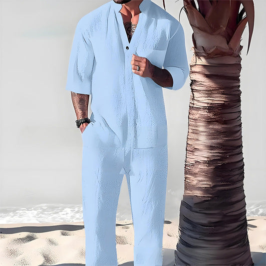 Fashionable Men's Two-Piece Set Made From Cotton Linen: Top & Trousers