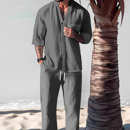 Fashionable Men's Two-Piece Set Made From Cotton Linen: Top & Trousers